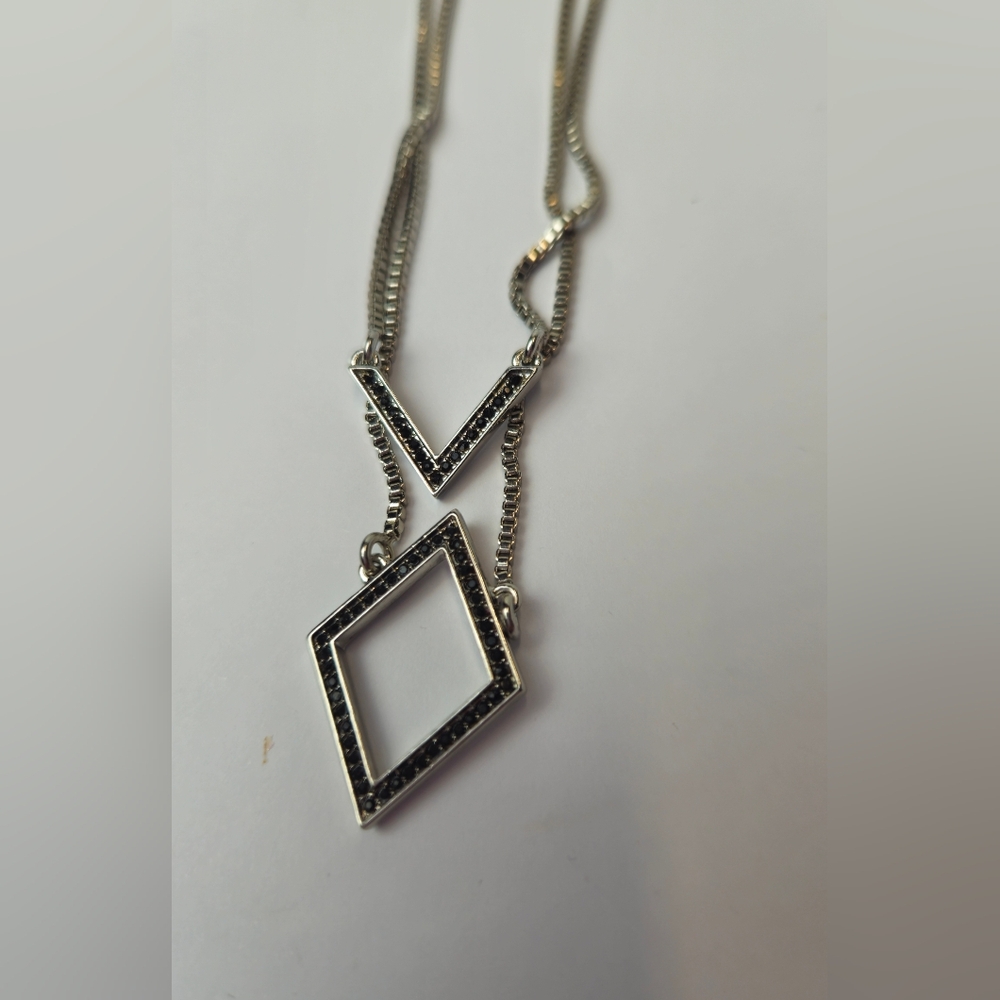White House Black Market Silver Necklace with Black Geometric Design